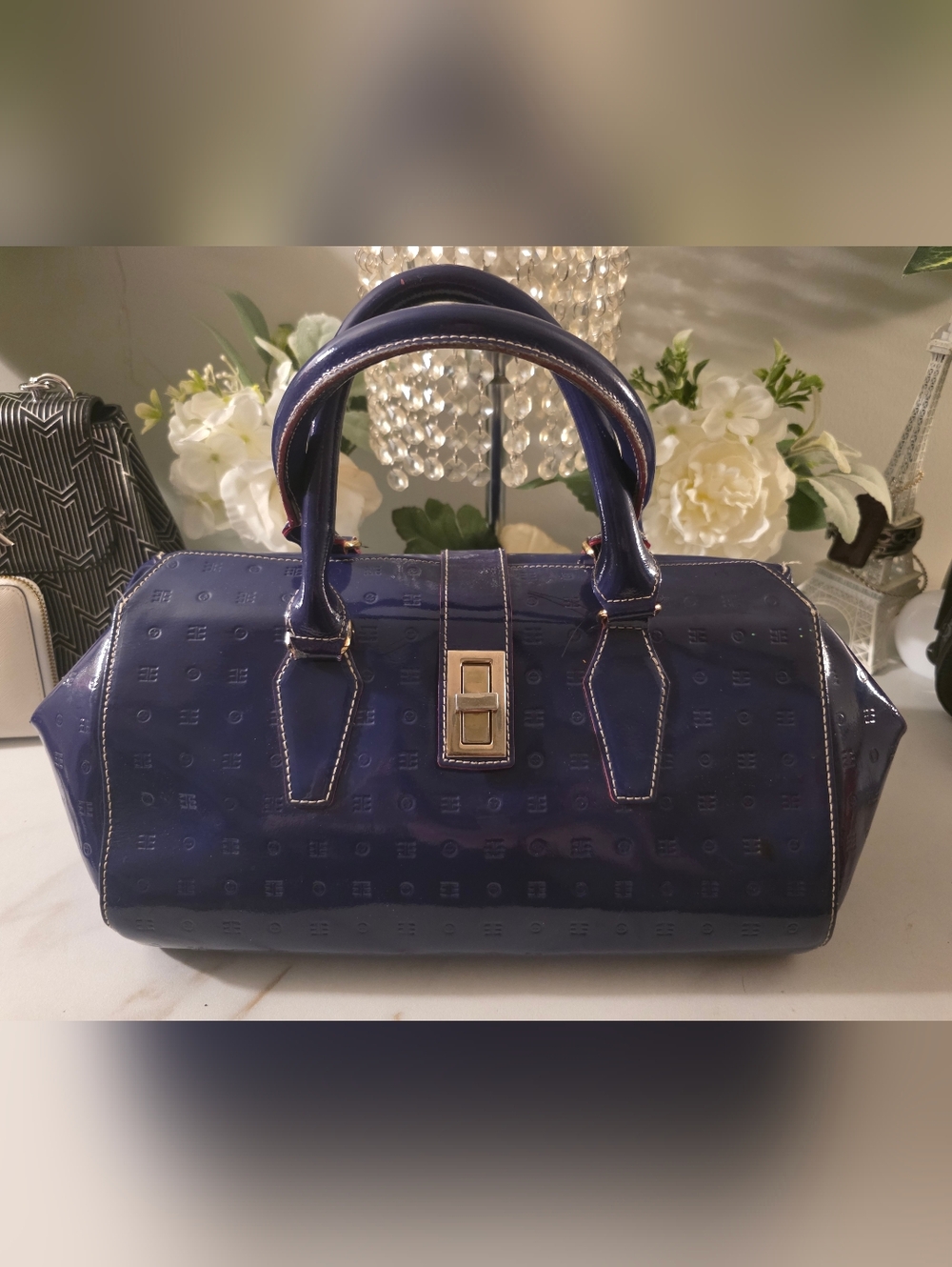 Arcadia Plum  Patent Handheld Satchel with Gold-Tone Lock